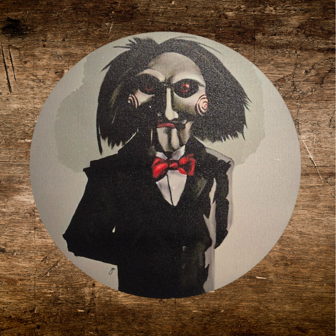 Jigsaw Inspired Horror hand painted wooden coaster