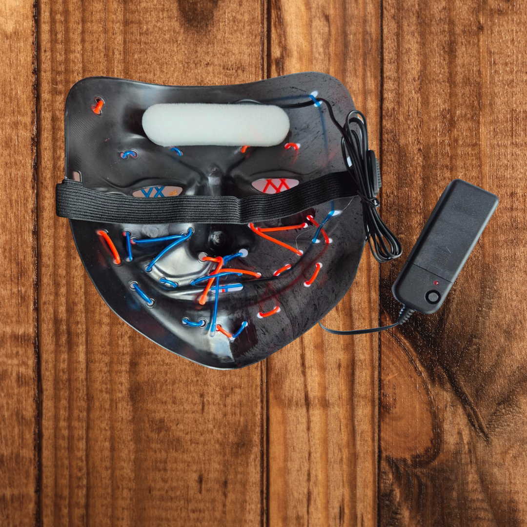 A sleek LED purge-style mask with glowing light strips, blending fashion and technology, perfect for raves or festivals