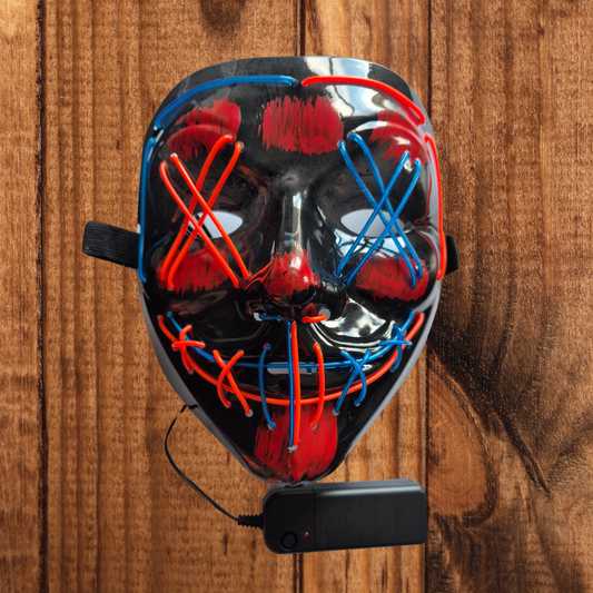A sleek LED purge-style mask with glowing light strips, blending fashion and technology, perfect for raves or festivals