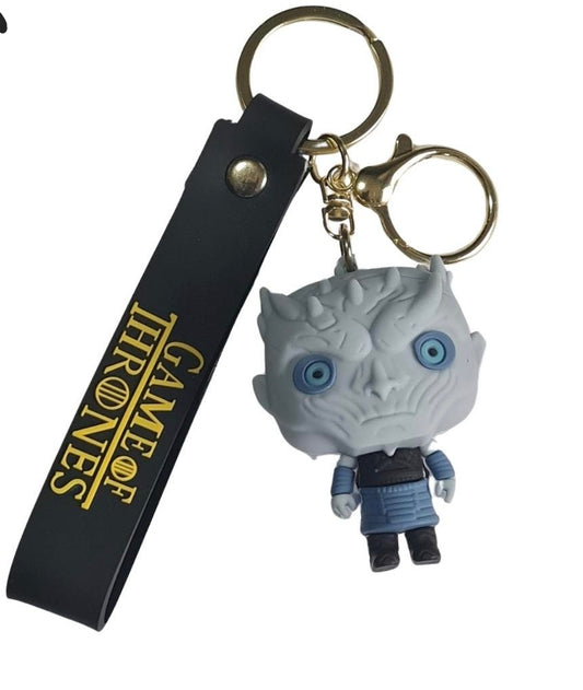 A metallic Night King keyring with icy blue eyes and a crown of horns, inspired by the Game of Thrones white walker leader, attached to a keychain ring.