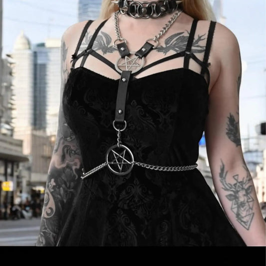 Pentagram body harness with chains gothic fashion UK alternative wear witch craft
