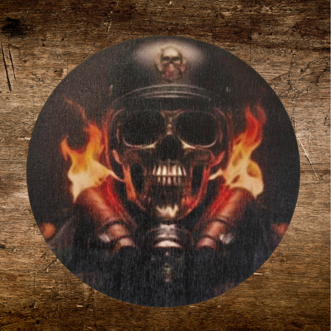 Raising hell skull biker army looking skull coaster 