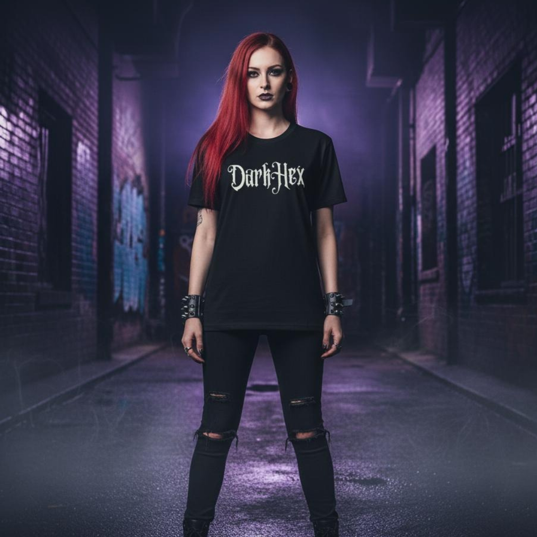 Person wearing a black 'Dark Hex' t-shirt in a dark alleyway.