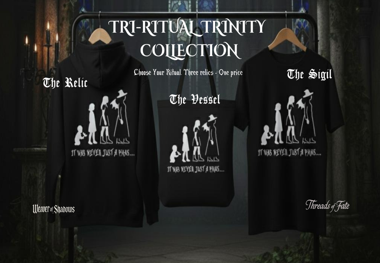 Black t-shirts with white graphics and text on a dark background, featuring the 'Tri-Ritual Trinity Collection'. gothic and alternative streetwear fashion