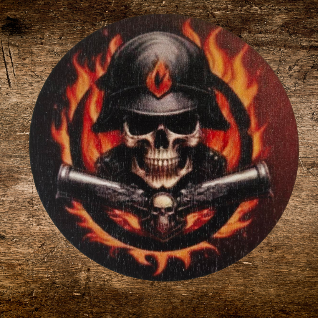 Two smoking barrels skull biker coaster