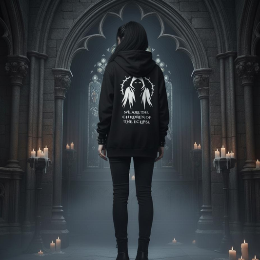Person wearing a black hoodie with a white design and text in a gothic-style hallway.
