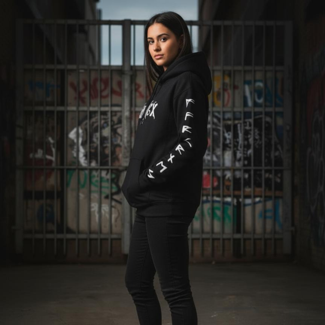 black hoodie with runes , gothic street wear for the alternative fashion