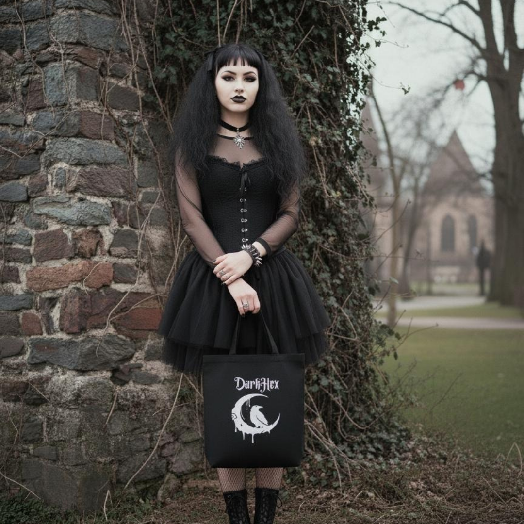 Woman in a black dress holding a 'Dark Hex' bag against a stone wall and ivy-covered background.
