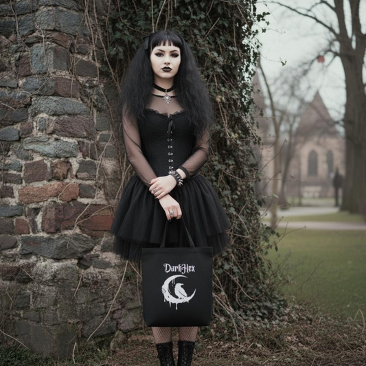 Woman in a black dress holding a 'Dark Hex' bag against a stone wall and ivy-covered background.