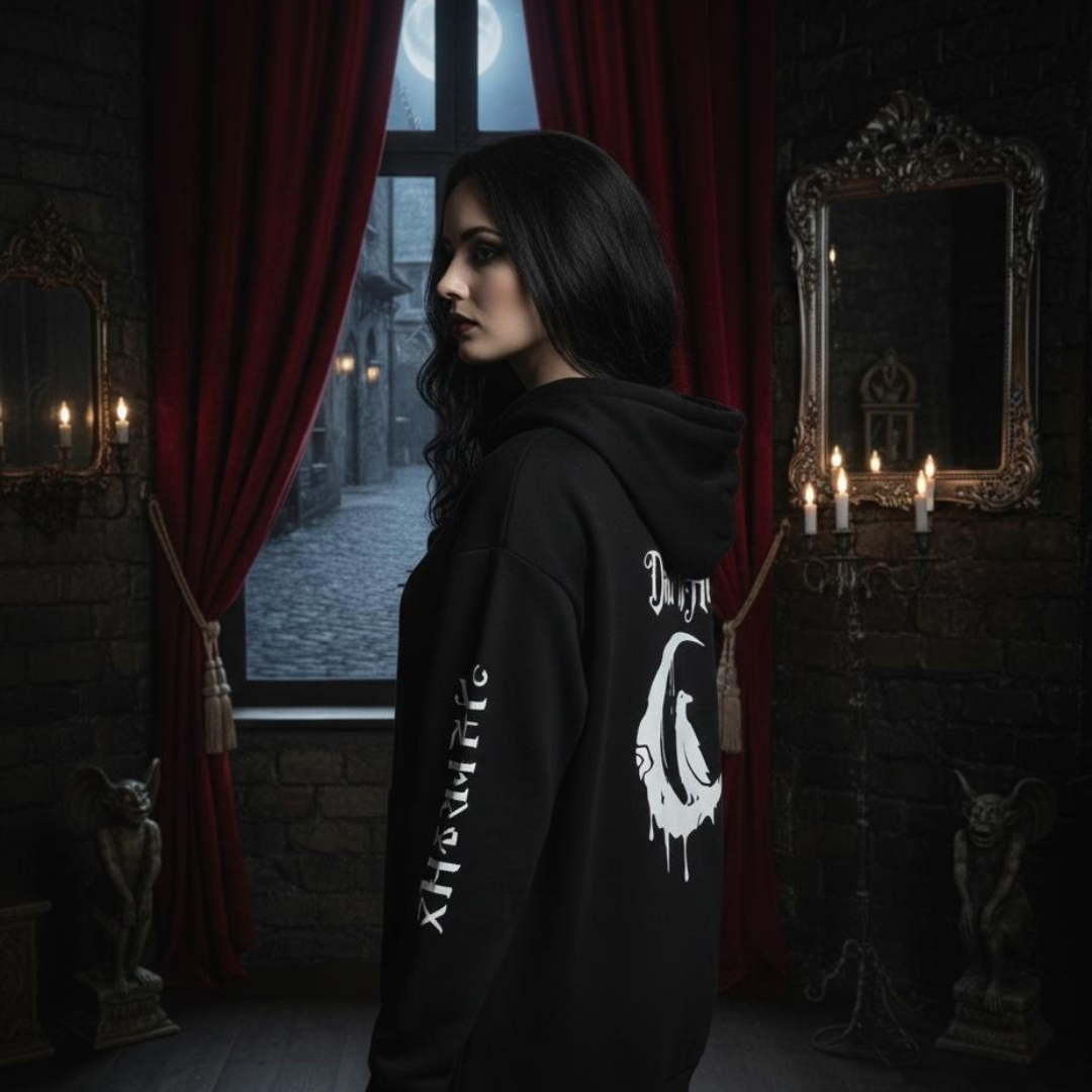 Woman wearing a black hoodie with white designs in a dark, gothic-style room.