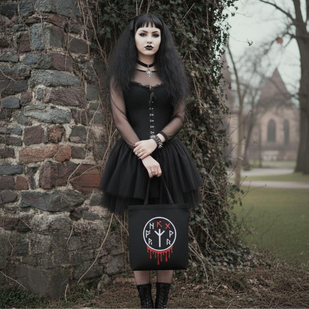 Woman in a black dress holding a black bag with a symbol, standing against a stone wall.