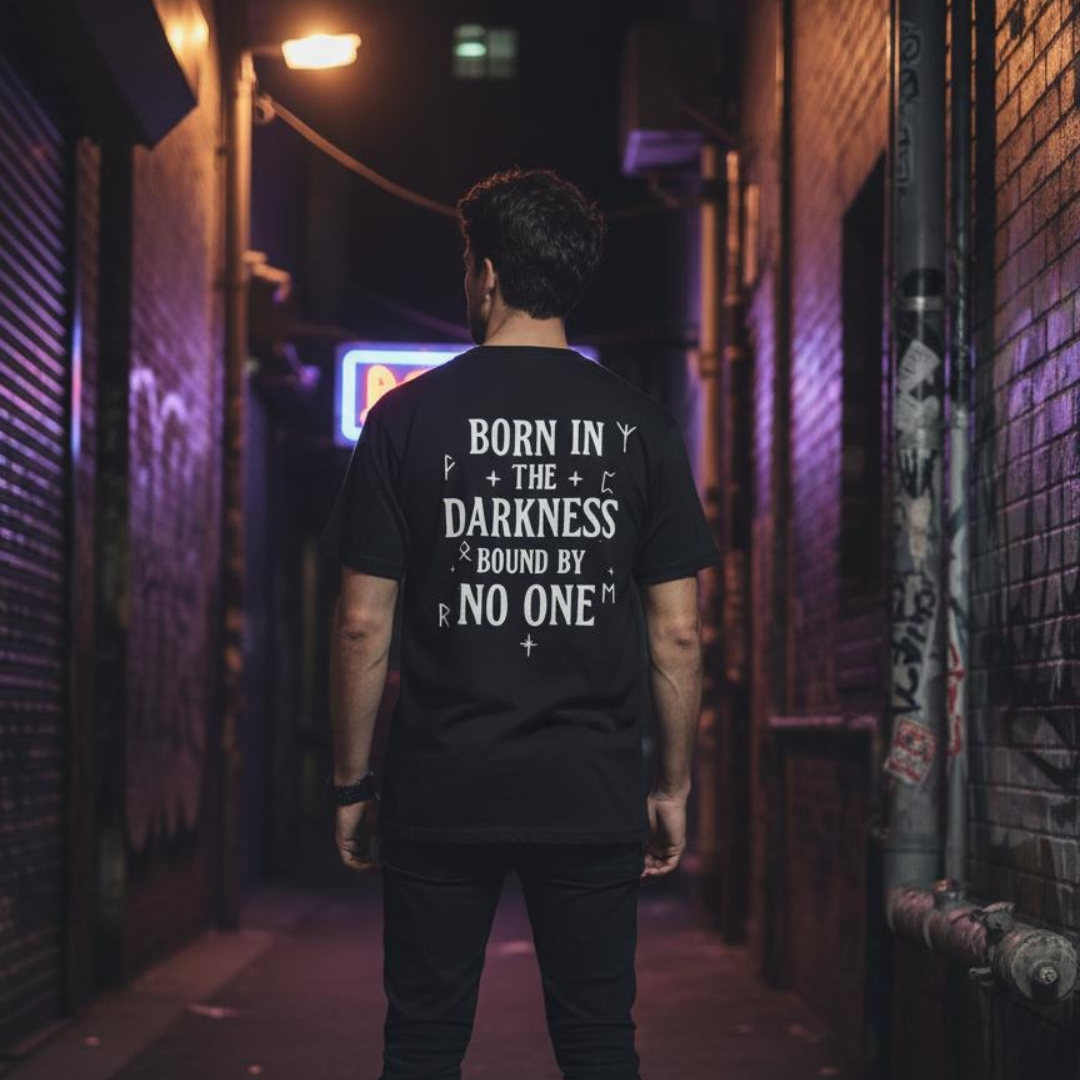 Person wearing a black t-shirt with text walking down a dark alleyway.