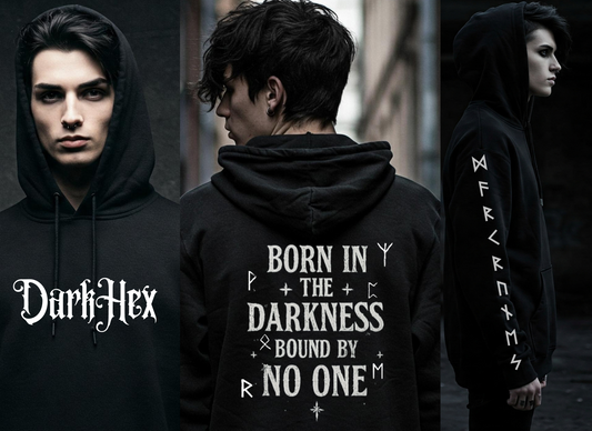 Black hoodie with 'Dark Hex' branding and text born in the darkness bound by no one on the back