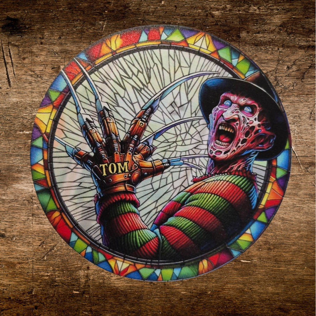 cracked glass effect freddy kruger wooden coaster 