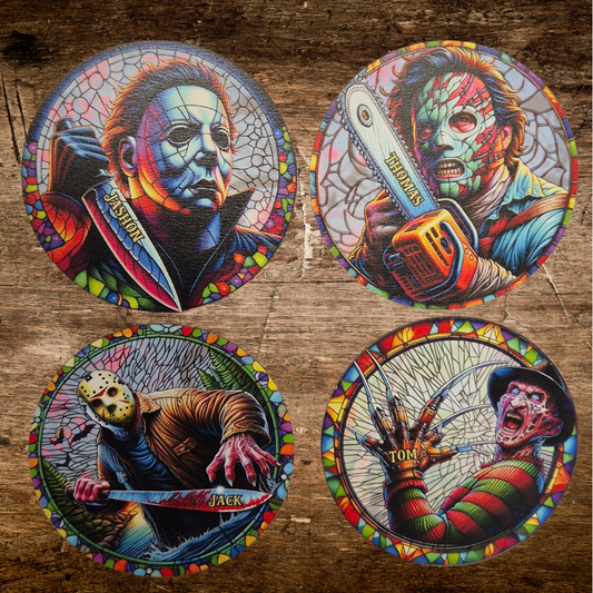 cracked glass effect horror character wooden coaster set of 4