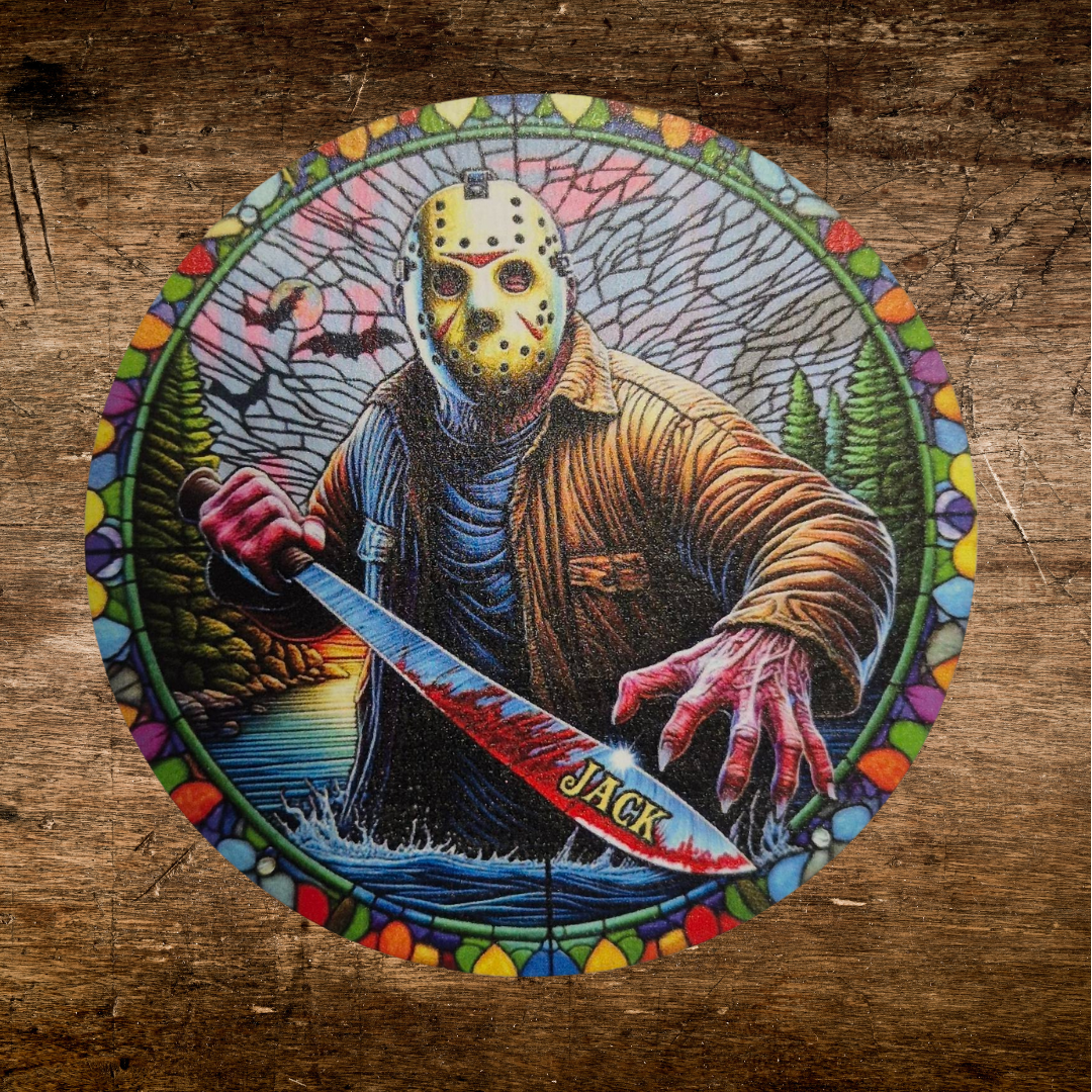 cracked glass effect jason voorhees wooden coaster 