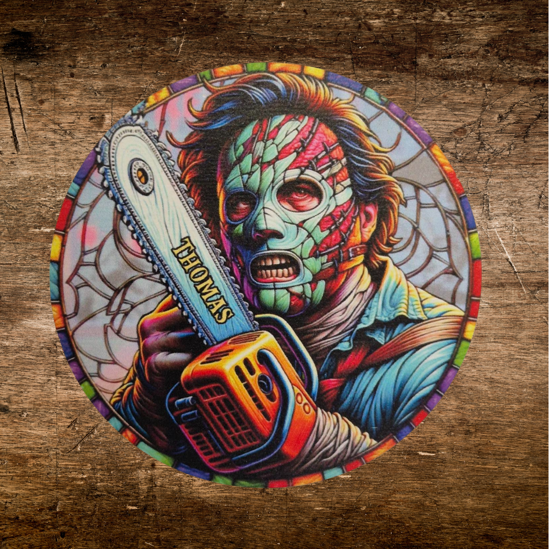 cracked glass effect Leatherface wooden coaster 