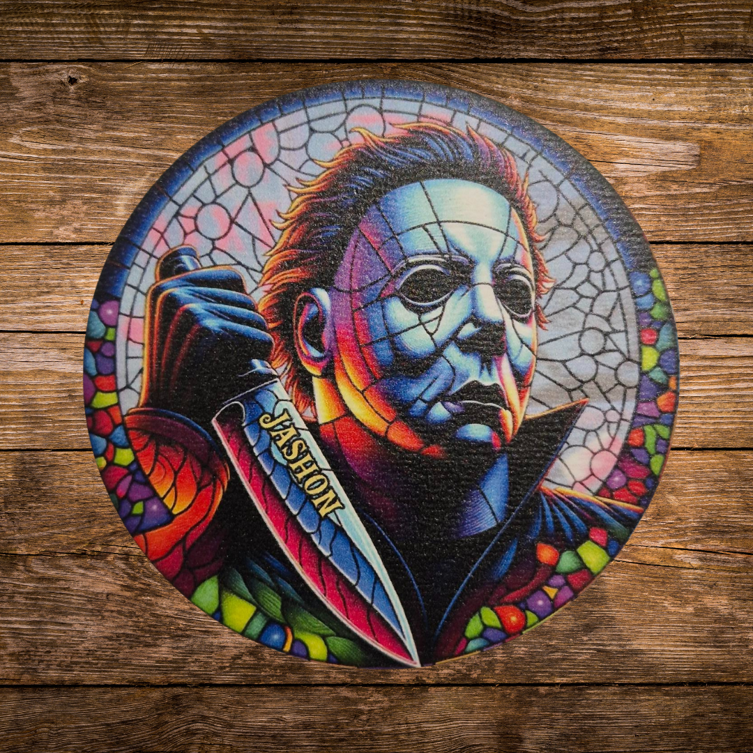 cracked glass effect micheal myers wooden coaster 