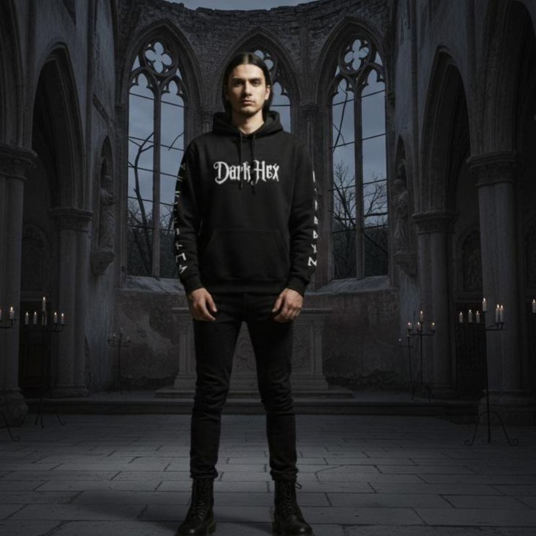 Person wearing a black hoodie with 'Dark Hex' text in a gothic-style interior.
