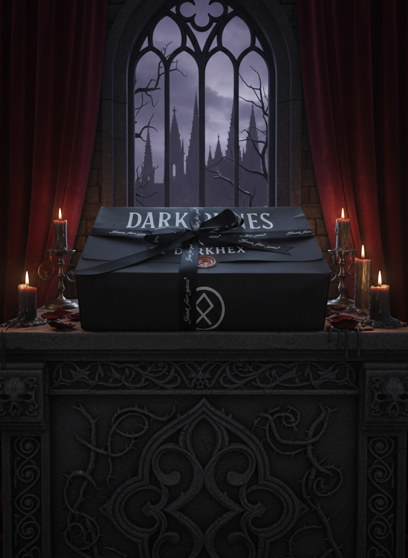 Dark-themed product display with 'Dark Roses' packaging on a decorative stand, candles, and a gothic window.