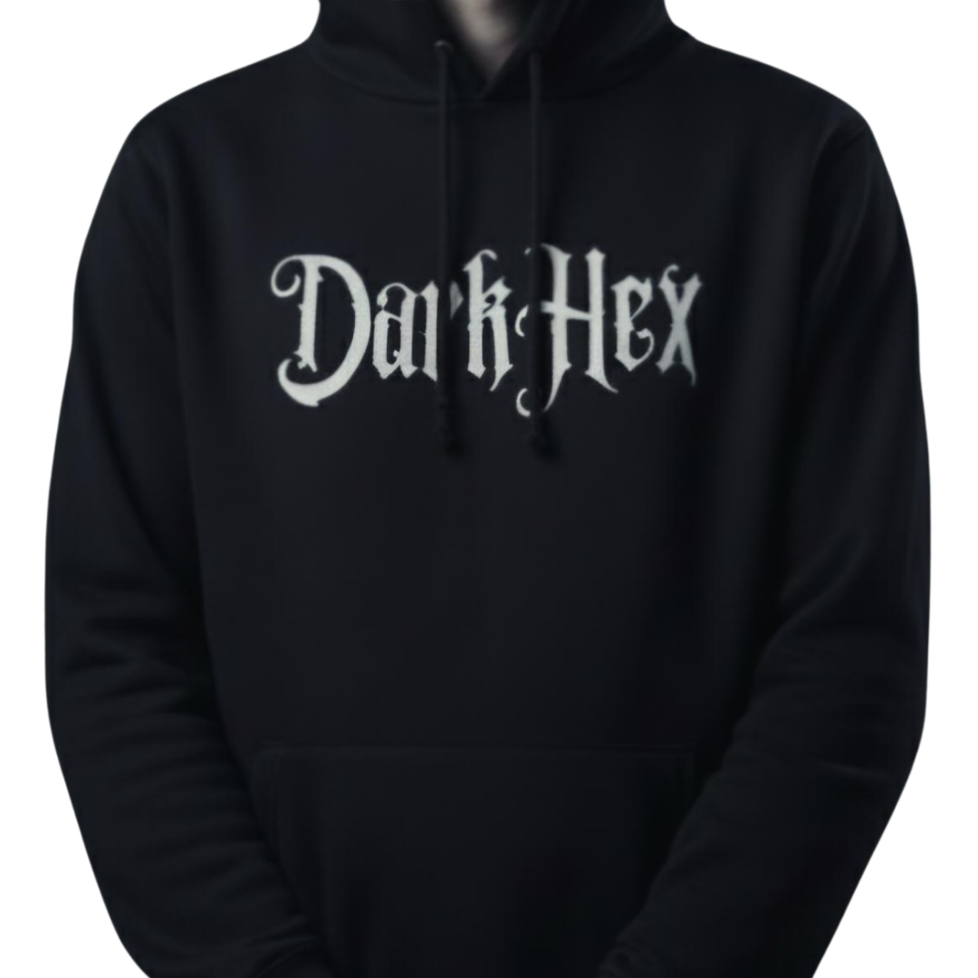 Black hoodie with 'Dark Hex' text on a white background. darkhex gothic font black hoodie, gothic and alternative streetwear