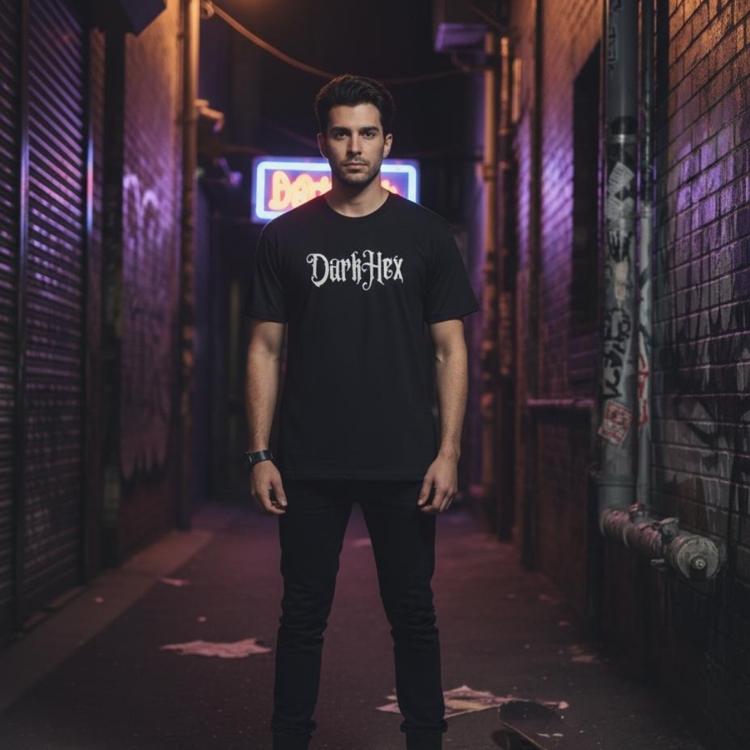 Man wearing a black t-shirt with 'Dark Hex' text in a neon-lit alleyway.