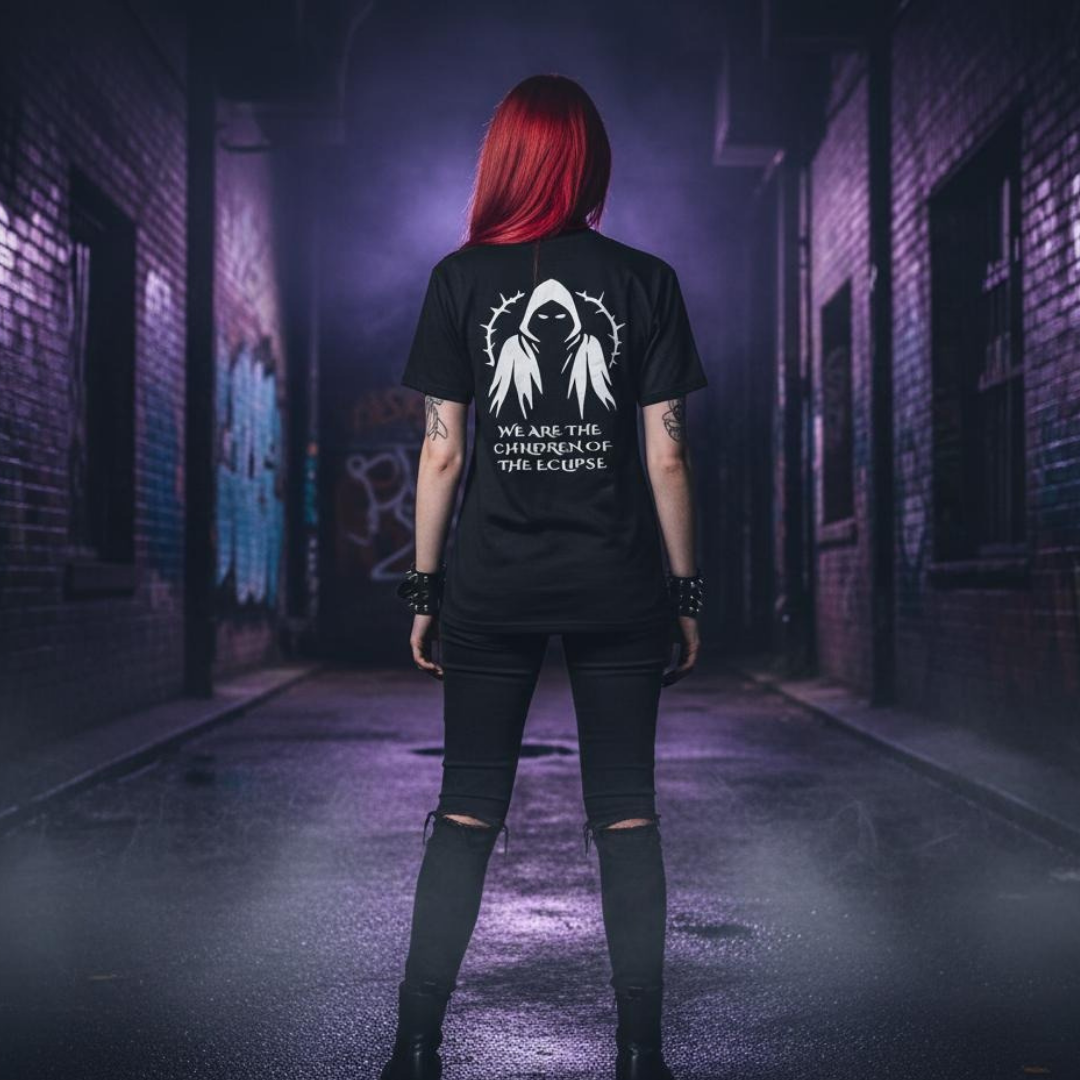Person wearing a black t-shirt with a white graphic and text, standing in a dark alleyway.