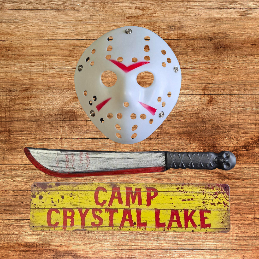 friday the 13th gift set with jason mask fake knife and camp crystal lake wall plaque for horror fans