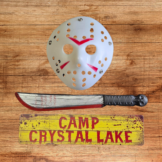 friday the 13th gift set with jason mask fake knife and camp crystal lake wall plaque for horror fans