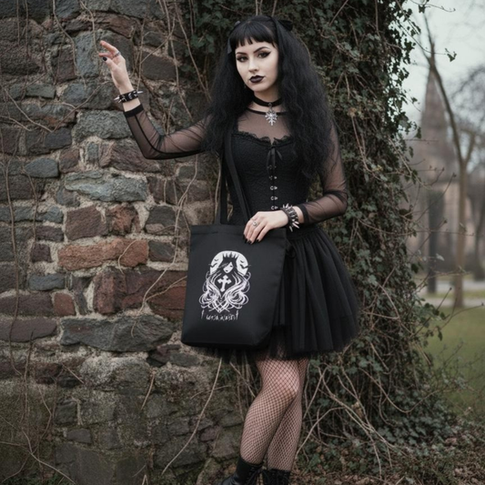 Person in gothic attire holding a black tote bag with a design against a stone wall.