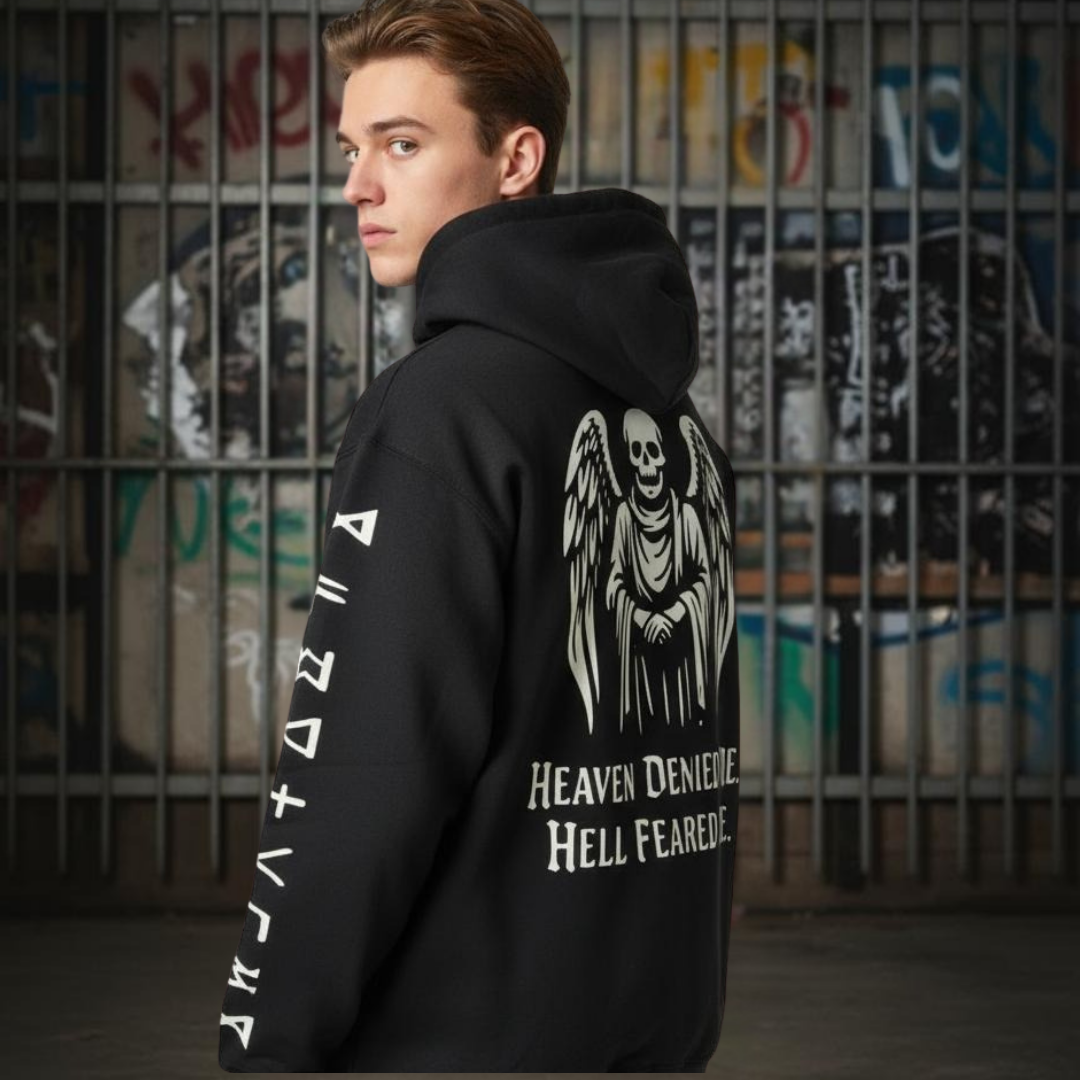 Person wearing a black hoodie with a winged skeleton design and heaven denied me hell feared me text, standing in front of a graffiti-covered wall. gothic and alternative streetwear