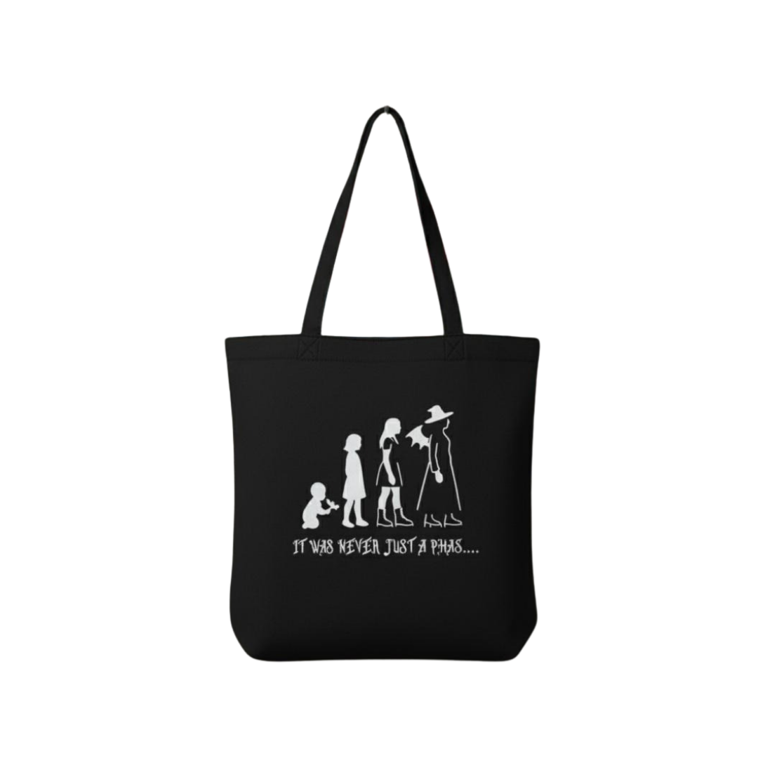 Black tote bag with white graphic and text on a white background