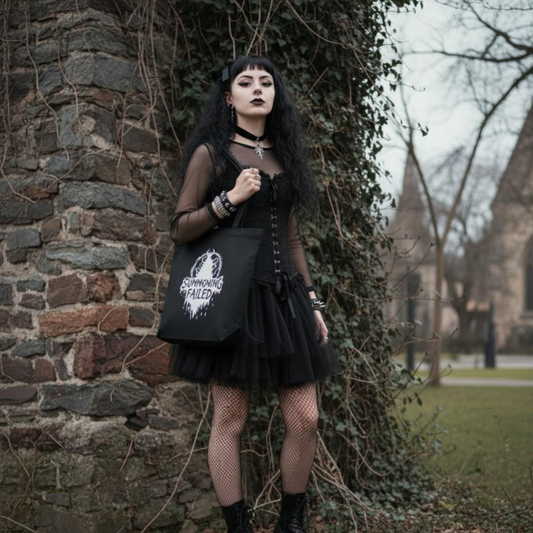 Person in gothic attire standing against a stone wall with ivy