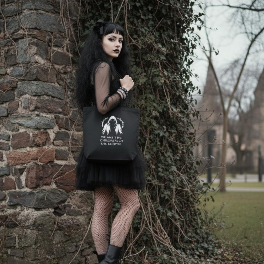 Woman holding a black tote bag with a design and text, standing against a stone wall with greenery.