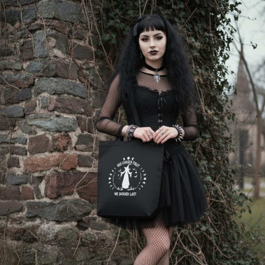 Woman in gothic attire holding a witchy black tote bag with a design against a stone wall.