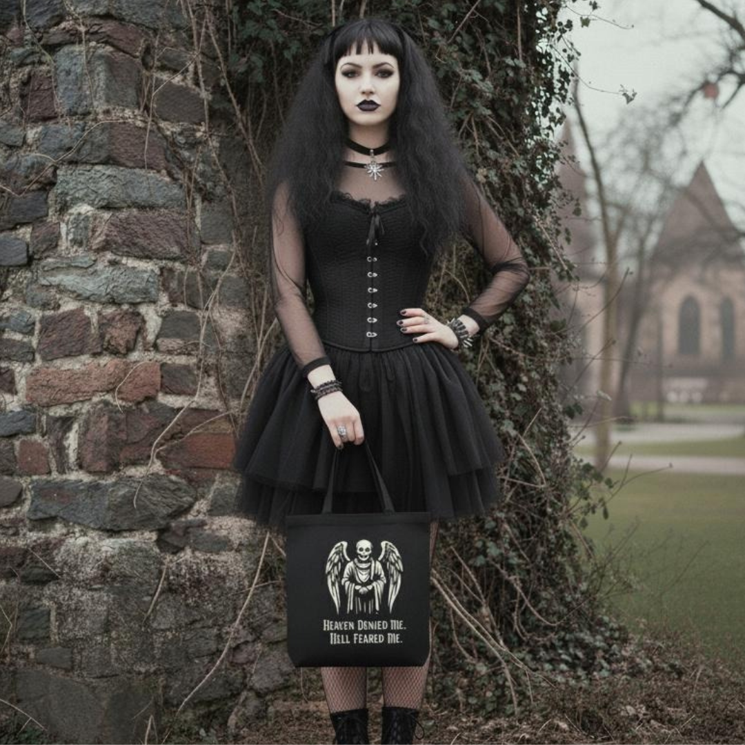 Gothic woman in a black dress holding a black tote bag with a skull design against a stone wall.