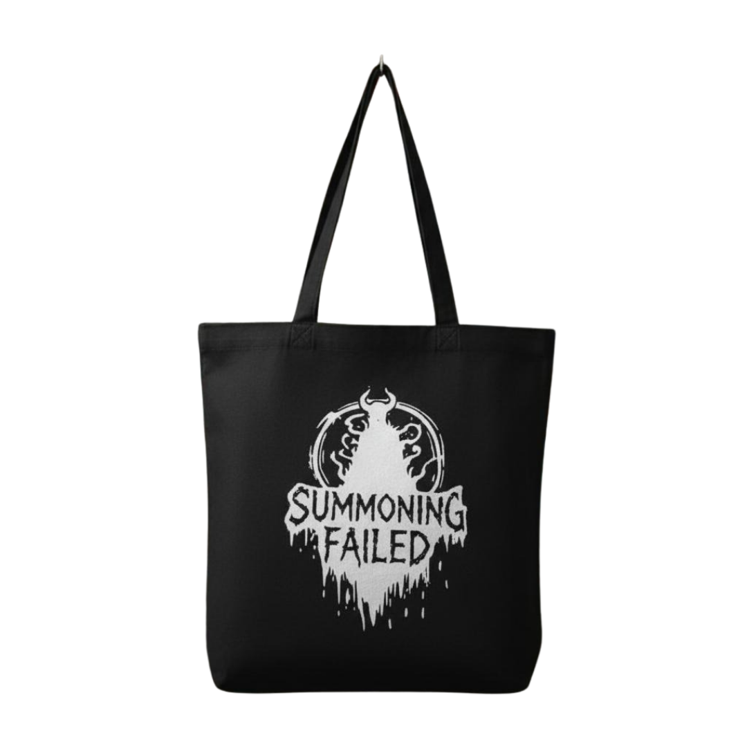 Black tote bag with 'Summoning Failed' text and logo on a white background