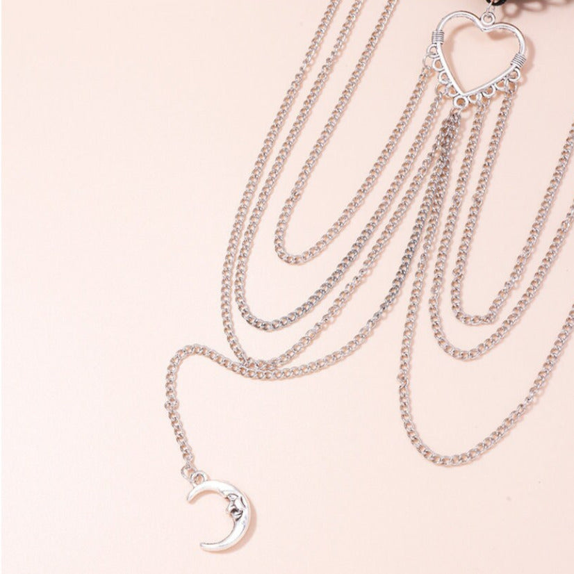 Silver Colour Moon And Heart Layered Thigh Chain Body Jewellery Boho Style With Elasticated Band