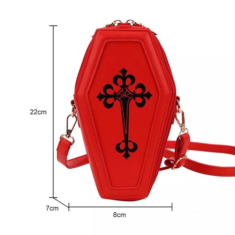 Retro Red Gothic Messenger Pouch Coffin Shape Shoulder Bag PU Leather Crossbody Handbag