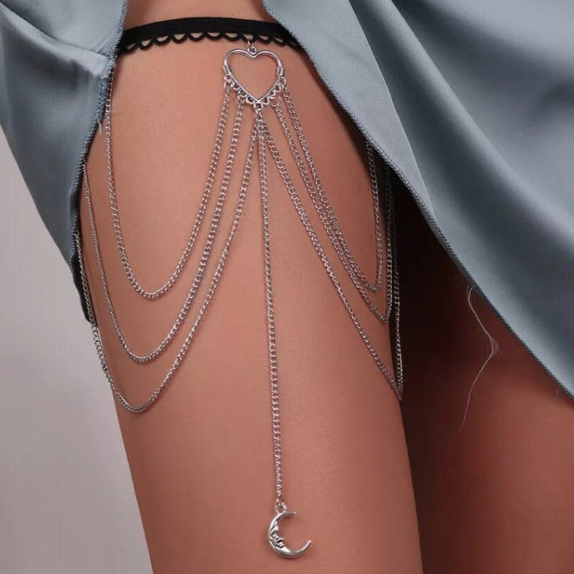 Silver Colour Moon And Heart Layered Thigh Chain Body Jewellery Boho Style With Elasticated Band