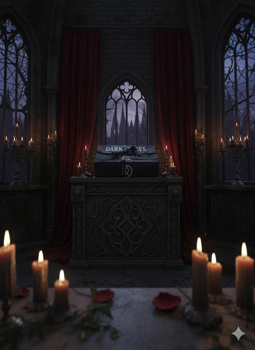 Dark and eerie interior with candles, red curtains, and a television screen displaying 'Dark Times'.