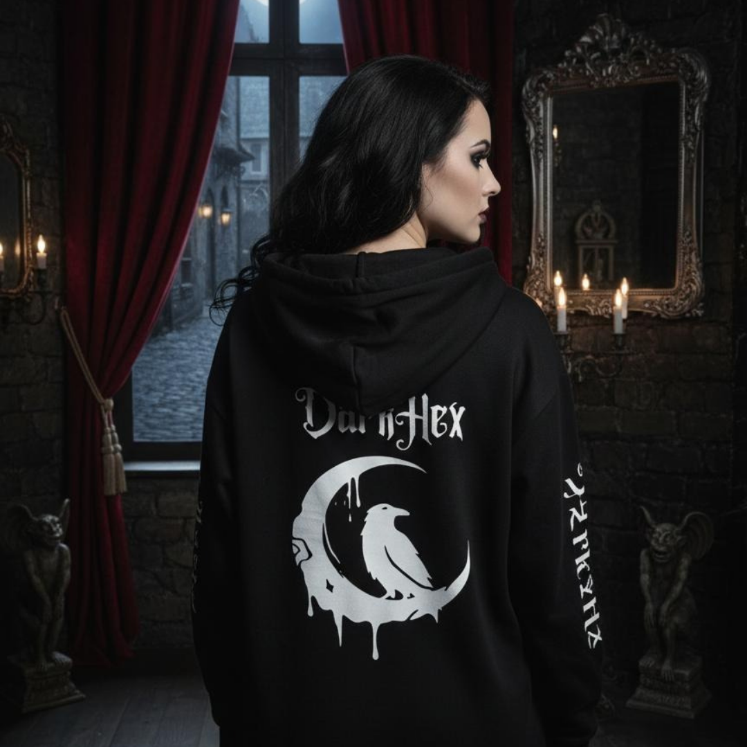 Woman wearing a black hoodie with 'Dark Hex' design in a dark, gothic-style room.