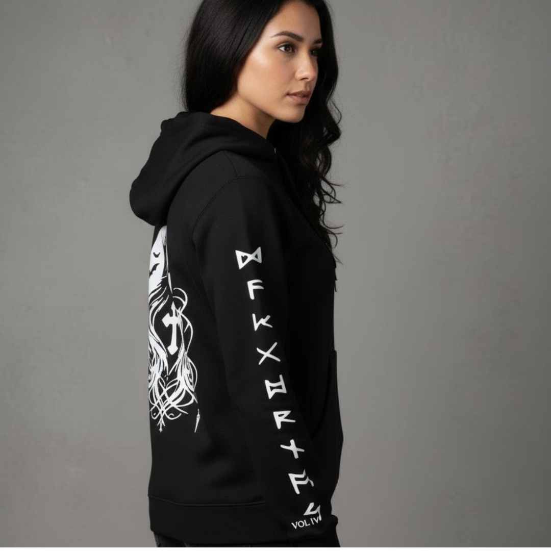 Person wearing a black hoodie with white designs and text on a gray background