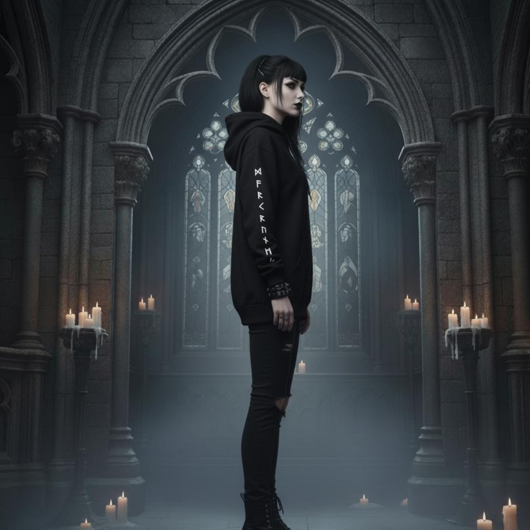 Person wearing a black hoodie with white text in a gothic-style room with candles and stained glass windows.
