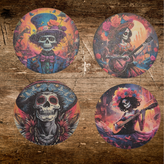 skeleton print wooden coaster