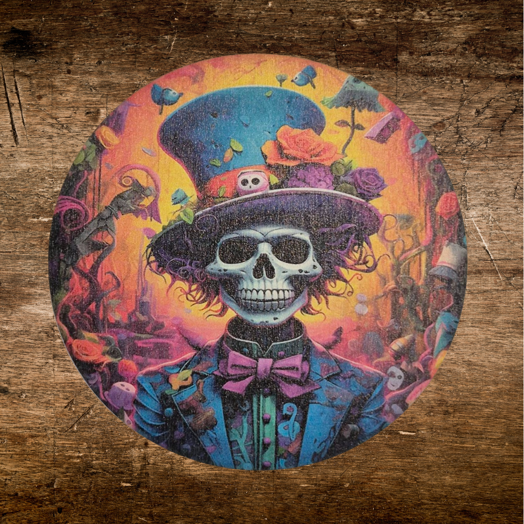 skeleton print wooden coaster with hat