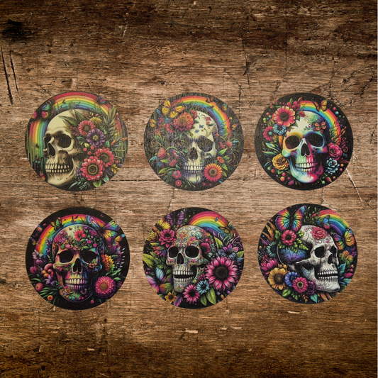 skull and roses print wooden coaster