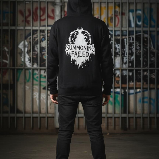 a black hoodie with summoning failed black hoodie graphic and text . horror gothic and alternative streetwear