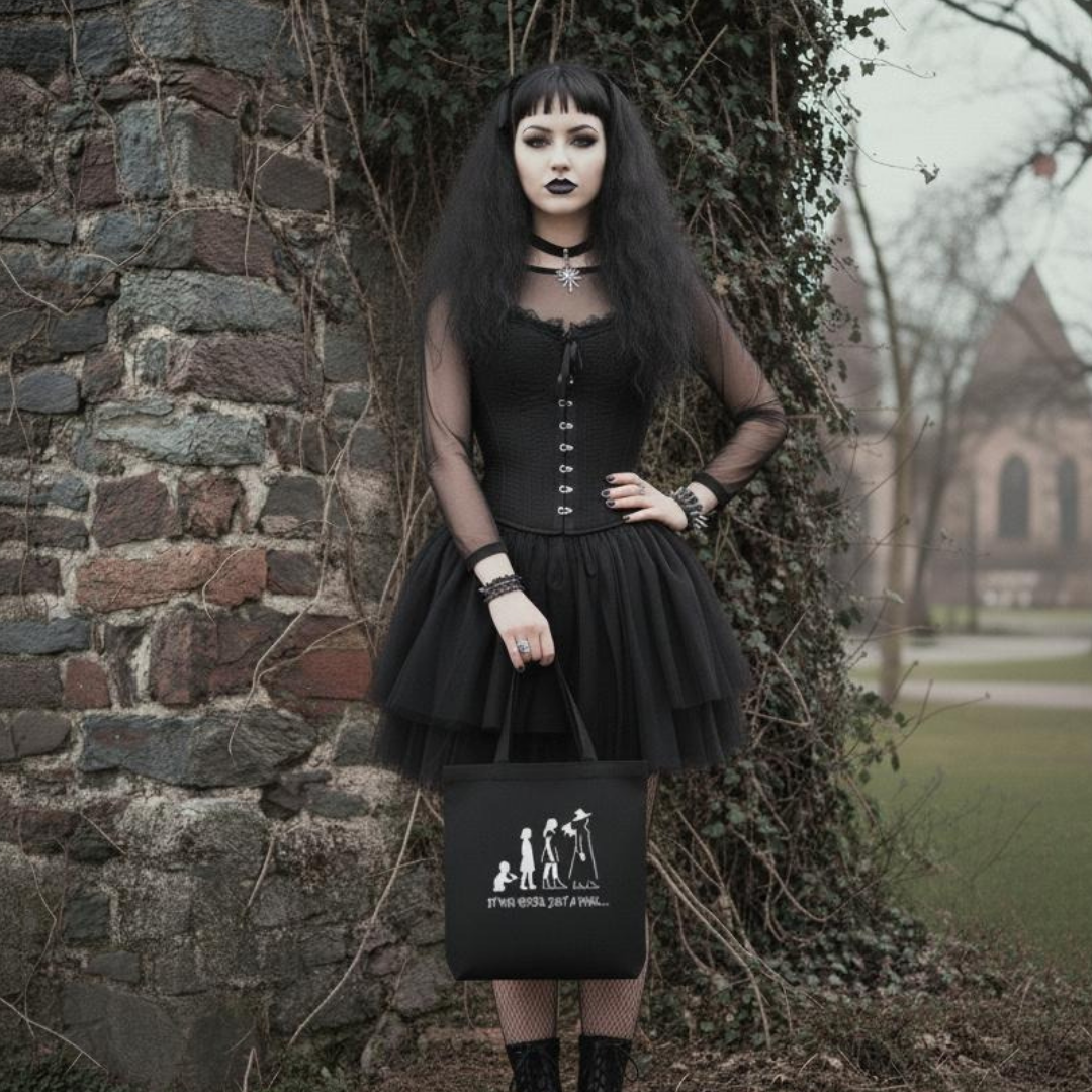 Woman in a black gothic outfit holding a black tote bag with a design, standing against a stone wall.