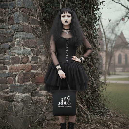 Woman in a black gothic outfit holding a black tote bag with a design, standing against a stone wall.